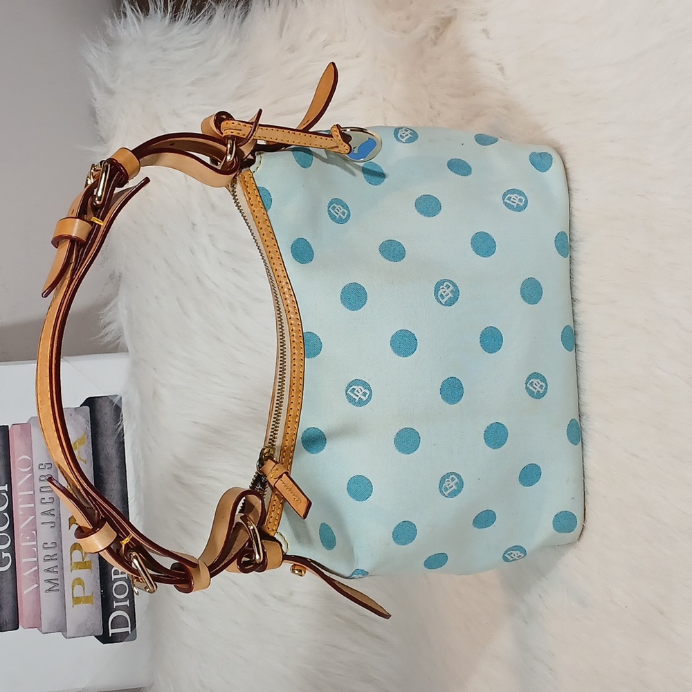 Light Blue Polka Dot Shoulder Bag with Tan Leather Trim